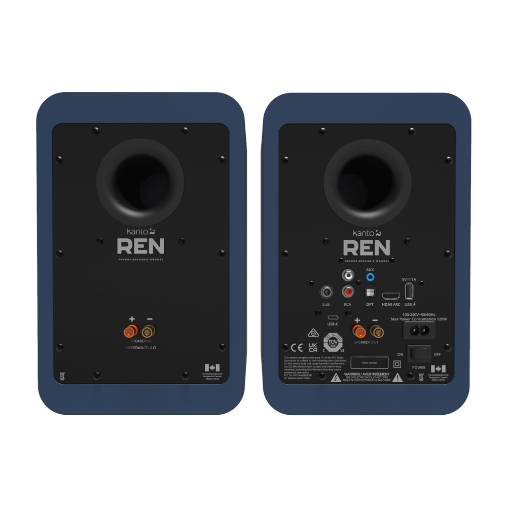 Kanto Audio REN 200W Powered Speaker System with HDMI ARC Input, with BT 5.3 and USB-C Input, Type G Power Cord, Matte Blue (Sold in Pairs)