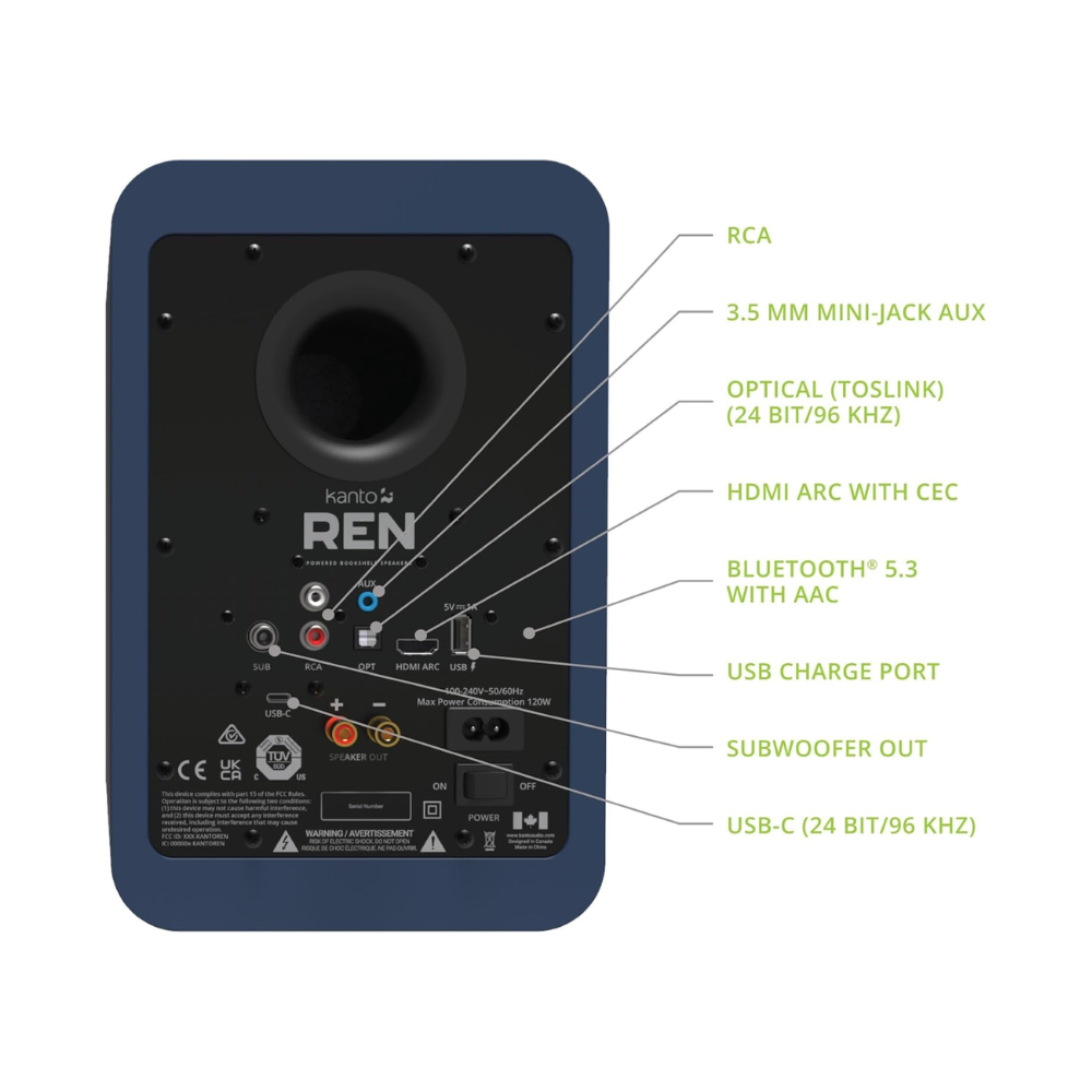 Kanto Audio REN 200W Powered Speaker System with HDMI ARC Input, with BT 5.3 and USB-C Input, Type G Power Cord, Matte Blue (Sold in Pairs)