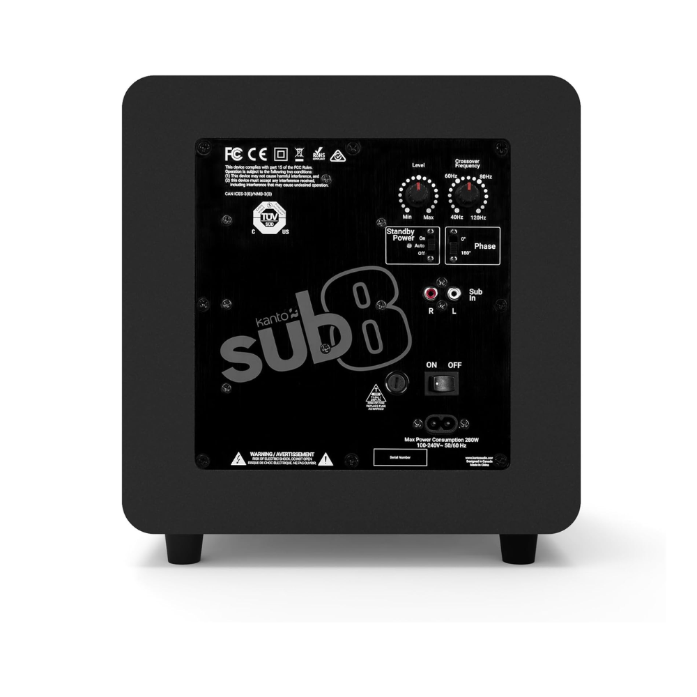Kanto Audio SUB8 Sealed Powered Subwoofer, 300W Peak Power, 8" Woofer, Vinyl, Type C and Type G Power Cords, Matte Black