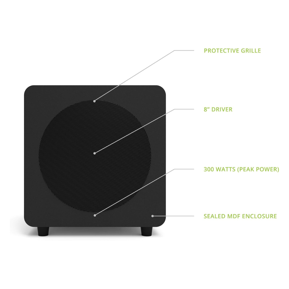 Kanto Audio SUB8 Sealed Powered Subwoofer, 300W Peak Power, 8" Woofer, Vinyl, Type C and Type G Power Cords, Matte Black