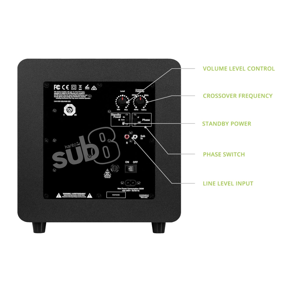Kanto Audio SUB8 Sealed Powered Subwoofer, 300W Peak Power, 8" Woofer, Vinyl, Type C and Type G Power Cords, Matte Black
