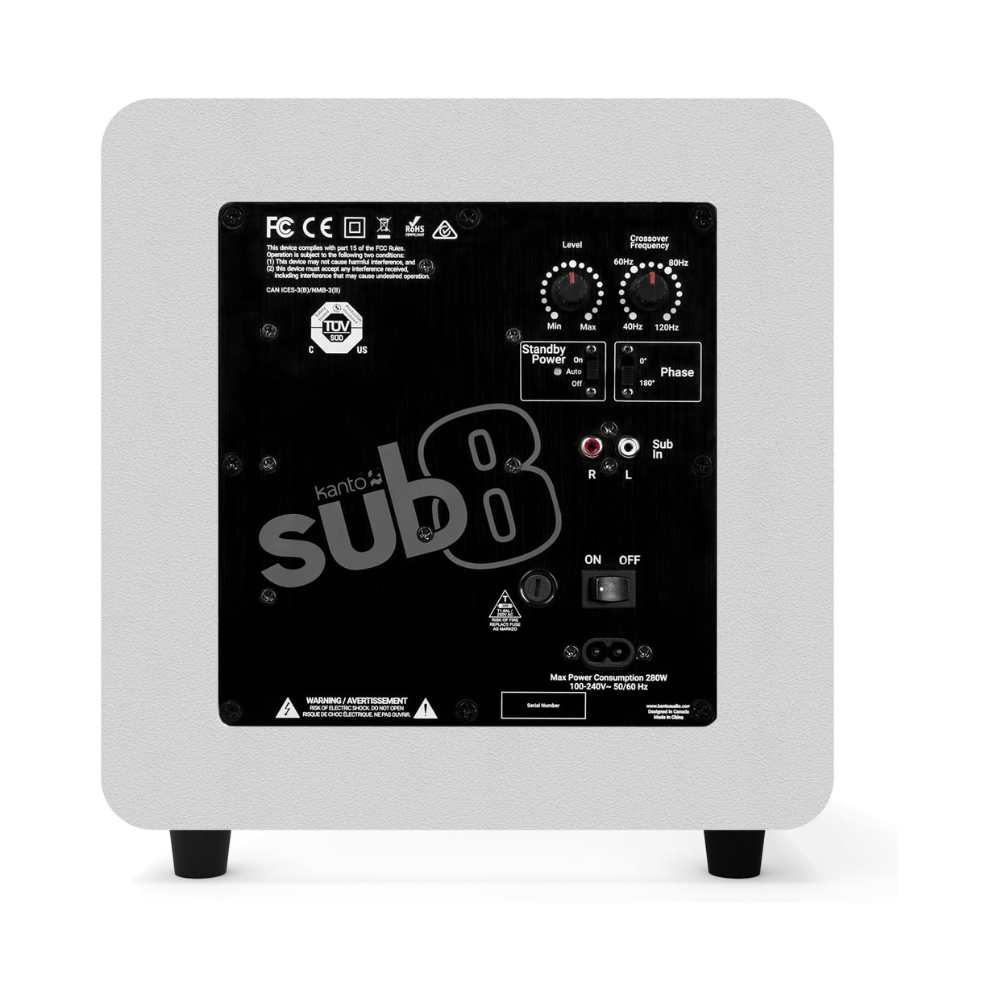 Kanto Audio SUB8 Sealed Powered Subwoofer, 300W Peak Power, 8" Woofer, Vinyl, Type C and Type G Power Cords, Matte White / White Grille