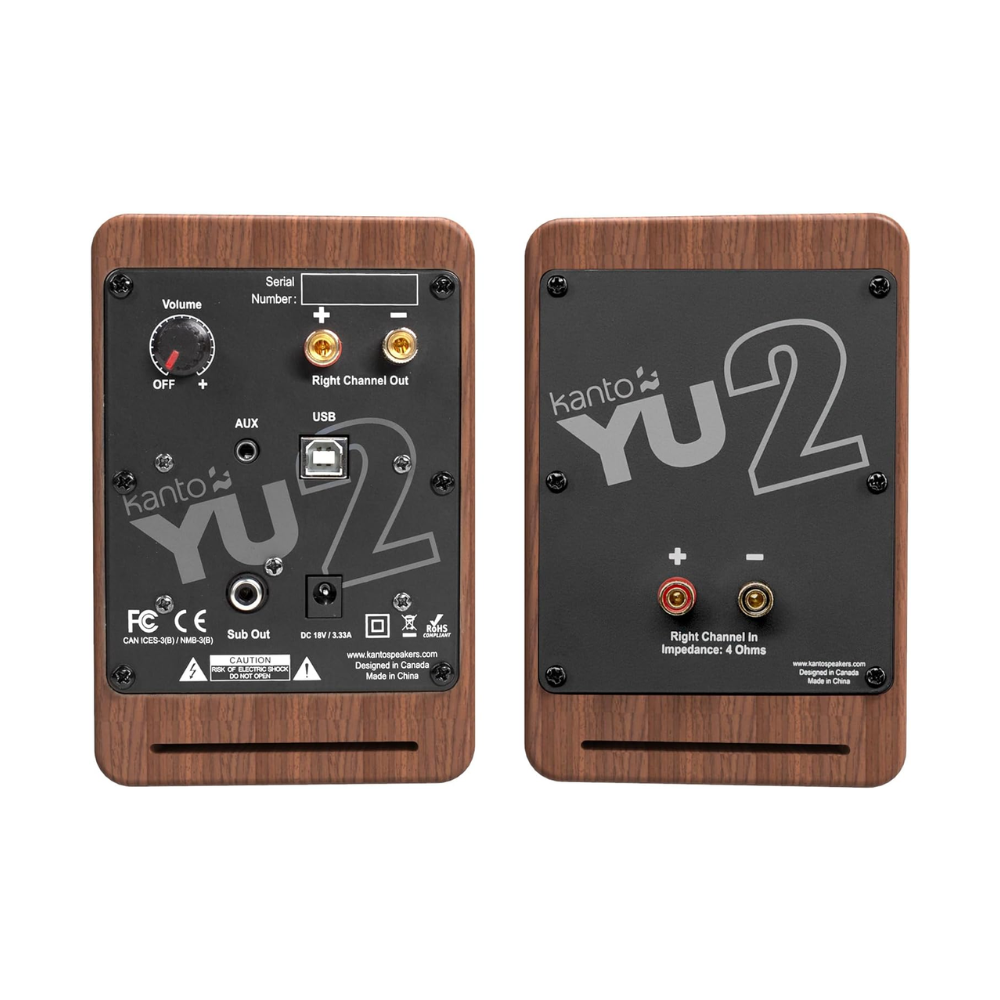 Kanto Audio YU2 Powered Desktop Computer Speakers, Type C and Type G Power Cords, Walnut (Sold in Pairs)