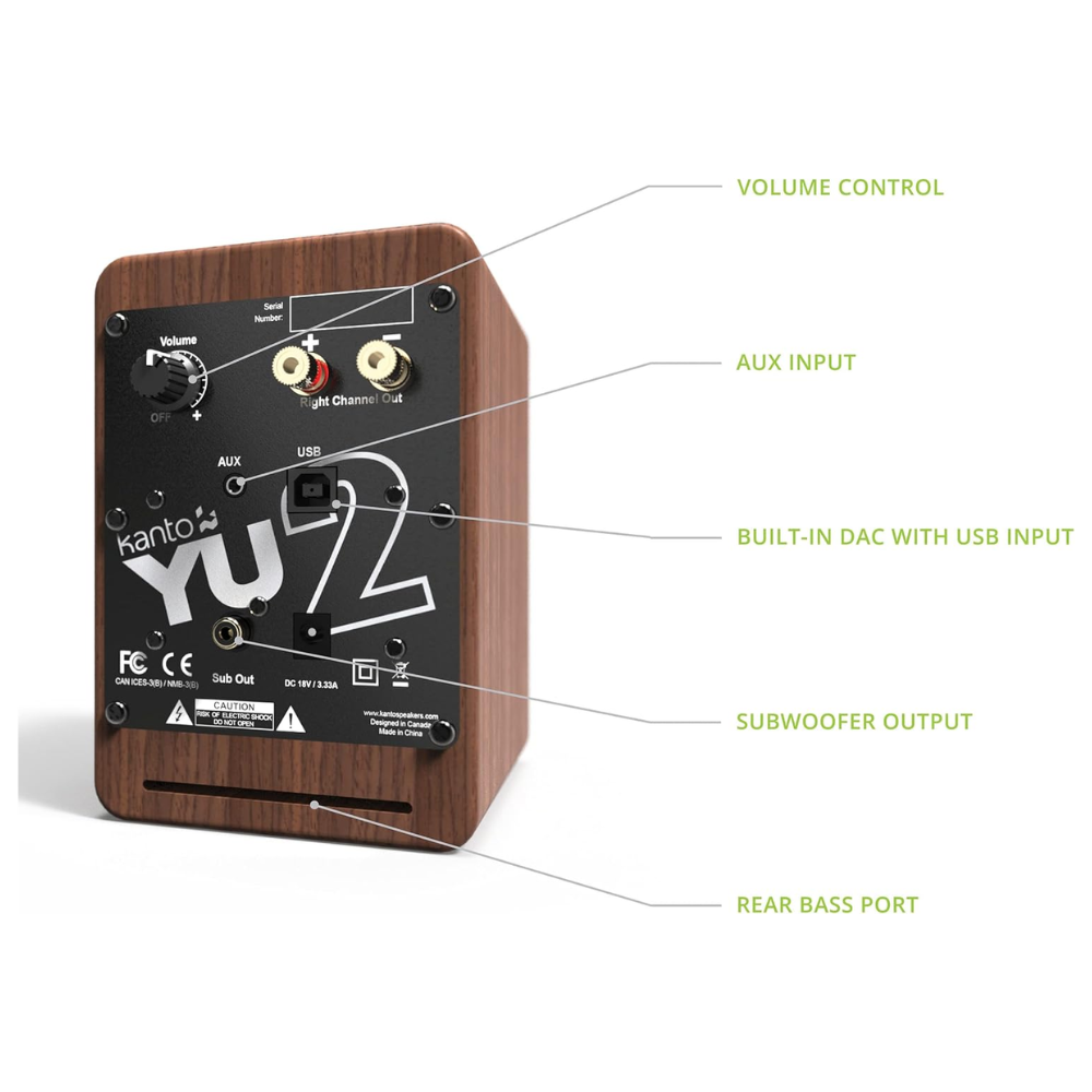 Kanto Audio YU2 Powered Desktop Computer Speakers, Type C and Type G Power Cords, Walnut (Sold in Pairs)