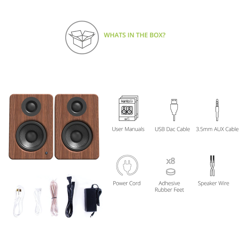 Kanto Audio YU2 Powered Desktop Computer Speakers, Type C and Type G Power Cords, Walnut (Sold in Pairs)