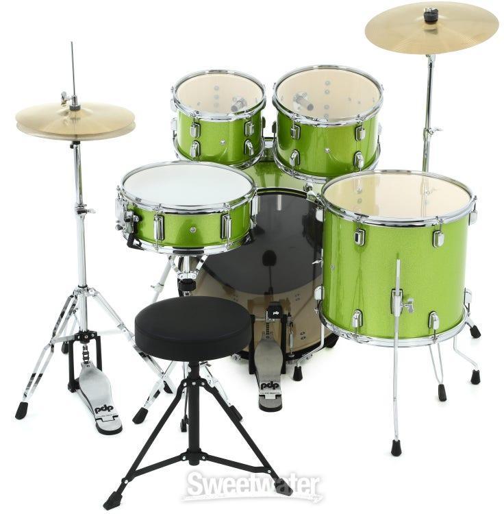PDP CENTERstage 5-Piece Complete Drum Kit 22", Electric Green Sparkle (Hardware, Cymbals & Throne)