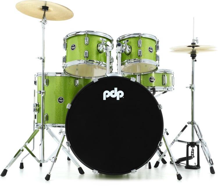 PDP CENTERstage 5-Piece Complete Drum Kit 22", Electric Green Sparkle (Hardware, Cymbals & Throne)